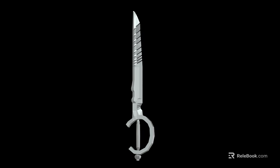Silver Tactical Weapon Dagger with Serrated Blade and Ring Hilt Design 3d model 