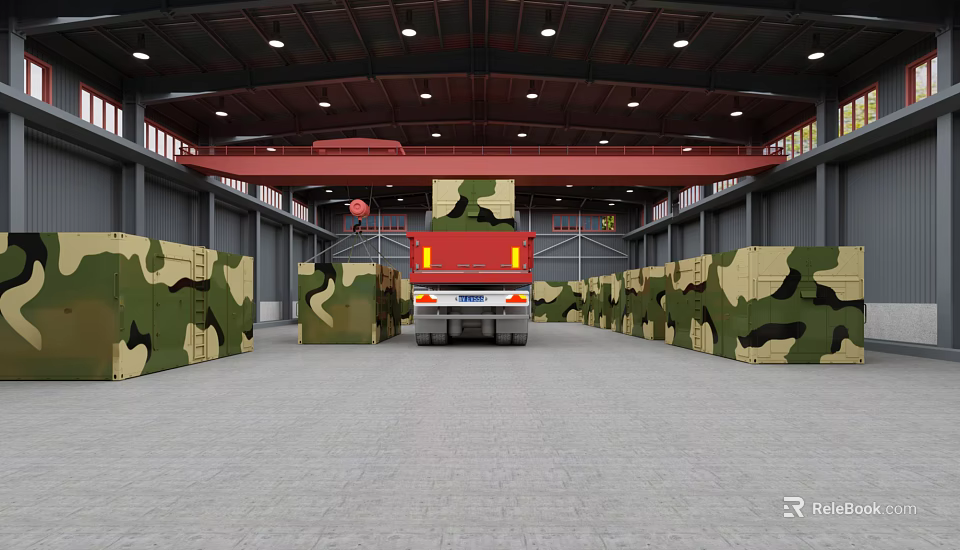 Warehouse Interior With Camouflage Truck And Red Crane Among Camouflage Walls 3d model 