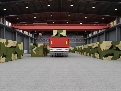 Warehouse Interior With Camouflage Truck And Red Crane Among Camouflage Walls 3d model