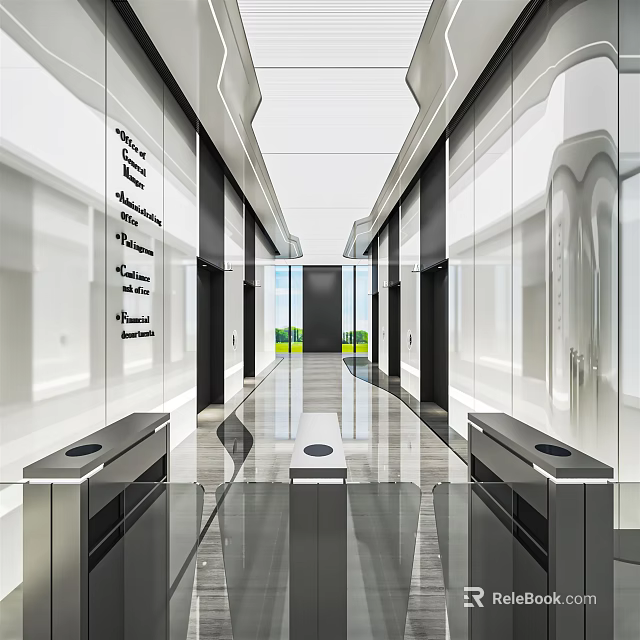 Modern Elevator Hallway Design With Glass Walls Metal Accents And Sleek Flooring 3d model 