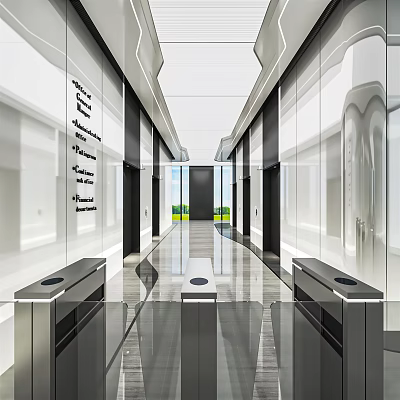 Modern Elevator Hallway Design With Glass Walls Metal Accents And Sleek Flooring 3d model