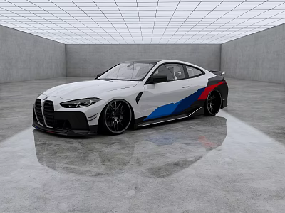 White Sports Car With Blue Red Stripes In Empty Gray Room Reflective Floor 3d model