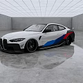 White Sports Car With Blue Red Stripes In Empty Gray Room Reflective Floor