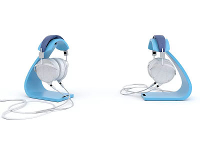 Modern Headphones With Blue Stand And White Cables For Audio Use 3d model