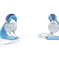 Modern Headphones With Blue Stand And White Cables For Audio Use