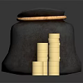 Brown Leather Pouch With Gold Coins And Stacked Coin Piles