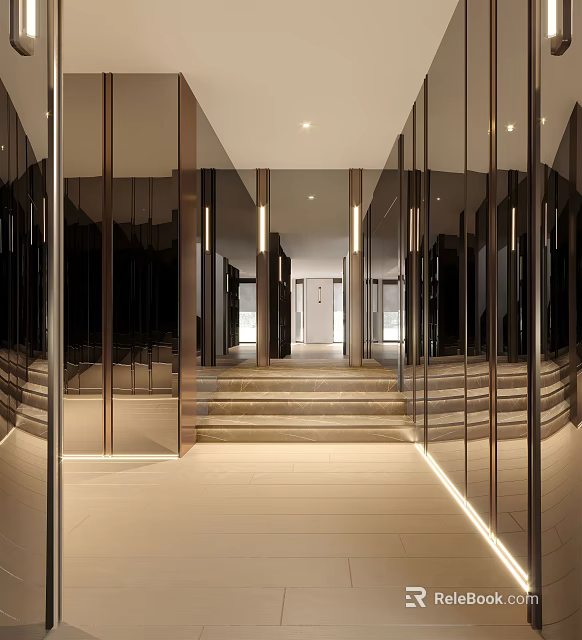 Modern Elevator Lobby Design With Mirrored Walls Recessed Lighting And Polished Steps 3d model
