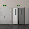 Three Gray Fire Doors With Green Exit Signs And Red Fire Equipment Interior 3d model
