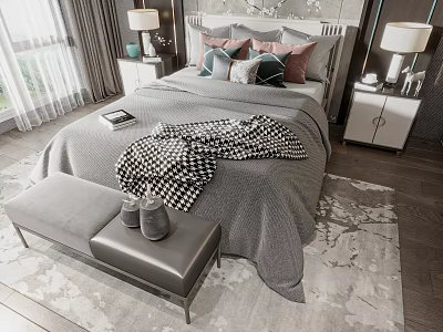 Modern Double Bed With Gray Comforter Checkered Blanket Colorful Pillows Nightstands Table Lamps And Bench 3d model
