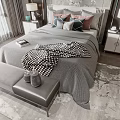Modern Double Bed With Gray Comforter Checkered Blanket Colorful Pillows Nightstands Table Lamps And Bench