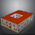 Traditional Stone Building With Red Roof Square Structure Multiple Windows And Doorways