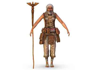 Elderly White Haired Bearded Character in Tattered Clothes Holding Bird Decorated Staff and Pouches 3d model