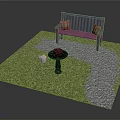 Outdoor Patio Scene With Wooden Bench Plaid Cushions Gray Stone Path And Black Birdbath