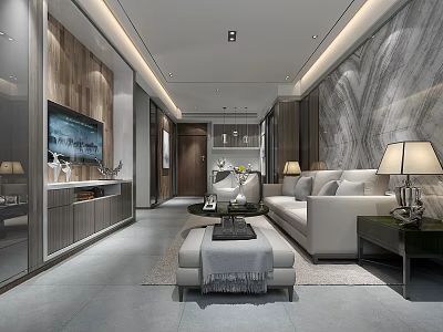 Modern Living Room Interior Design With Wooden TV Wall And Marble Decor 3d model
