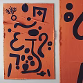 Orange Square Rug with Black Abstract Patterns Lines Dots and Geometric Shapes