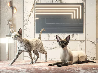 Two Spotted And Siamese Cats In Modern Interior With Marble Wall And Geometric Light Decoration 3d model