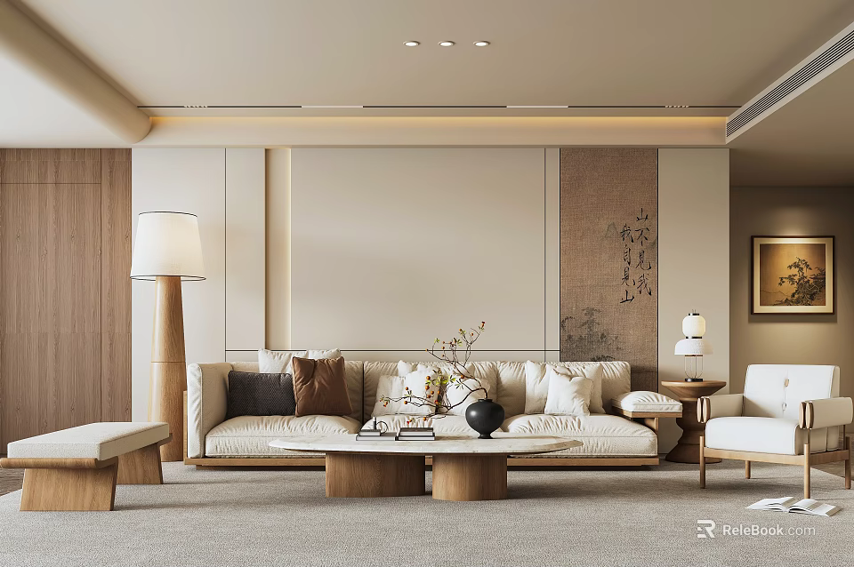 Modern Elegant Living Room Interior Design With Beige Sofa And Wooden Coffee Table 3d model 