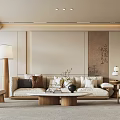 Mid-ancient style living room sofa coffee table combination fabric sofa Song Dynasty aesthetic sofa background wall 3d model