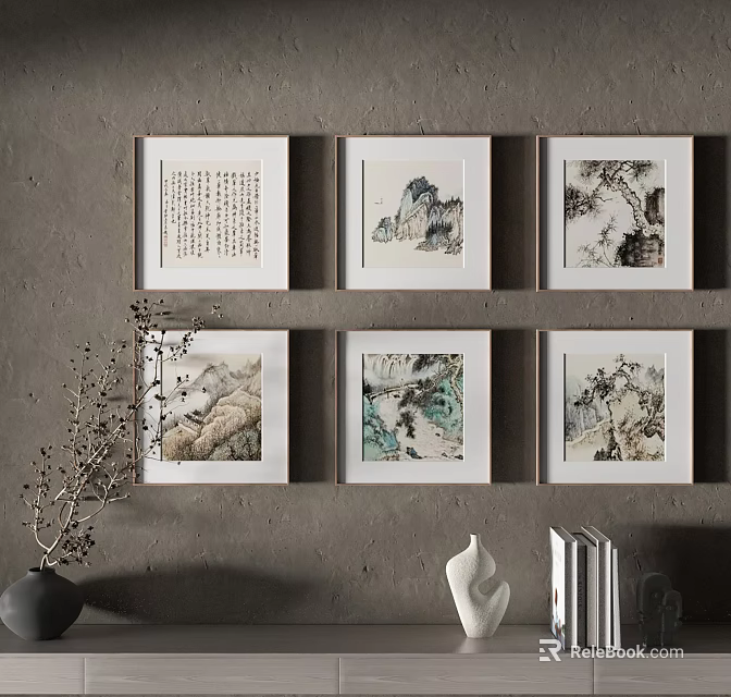 Six White Framed Chinese Landscape Paintings on Gray Wall with Decorative Vase and Books 3d model 