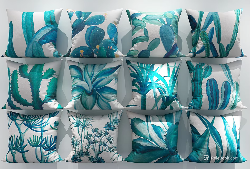 Decorative Throw Pillows with Blue Green Botanical Cactus Aloe Leaf Prints for Home Decor 3d model 