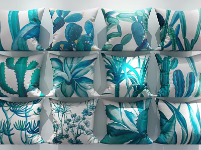 Decorative Throw Pillows with Blue Green Botanical Cactus Aloe Leaf Prints for Home Decor 3d model