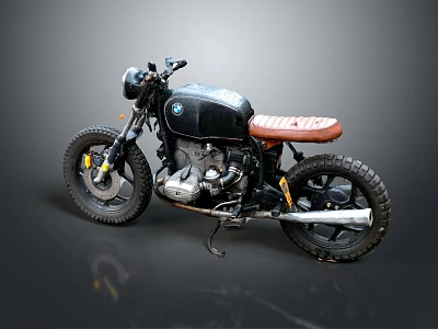 Vintage BMW Custom Motorcycle With Black Body And Brown Leather Seat 3d model