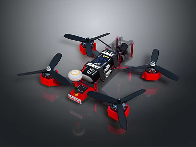 Red And Black Quadcopter Drone With Four Propellers Battery And Frame 3d model