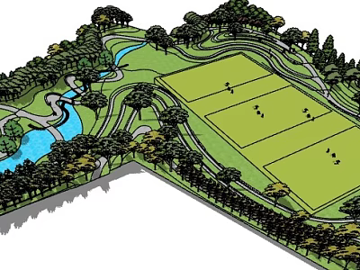 Park Landscape With Spacious Green Lawn Surrounding Trees Stream And Winding Paths 3d model