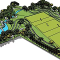 Park Landscape With Spacious Green Lawn Surrounding Trees Stream And Winding Paths