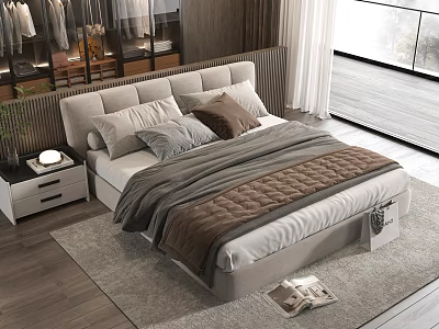 Modern Simple Gray Double Bed In Bedroom With Nightstand Pillows Carpet And Large Window 3d model