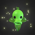 Cartoon Scene Featuring Green Plant With Glowing Lights Around And Dark Background And Leafy Stems