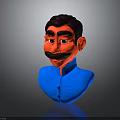 3D Male Character Bust With Black Hair Red Face Black Mustache And Blue Shirt