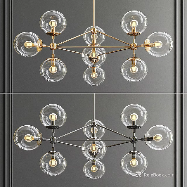 Elegant Modern Chandelier With Transparent Glass Balls And Gold Black Metal Frame 3d model 
