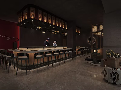 Traditional Restaurant Interior With Bar Counter Bar Stools Hanging Lanterns And Wine Barrel 3d model