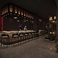 Traditional Restaurant Interior With Bar Counter Bar Stools Hanging Lanterns And Wine Barrel