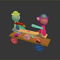 Wooden Seesaw Toy With Two Puppets Wearing Yellow Hats And Wheels
