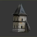 Cartoon Scene Vintage Tower With Green Roof Stone Base Slanted Walls And Windows