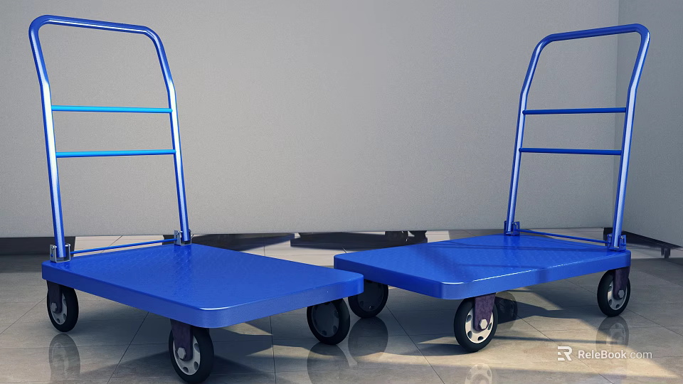 Two Blue Platform Carts With Metal Frames And Black Wheels On Polished Floor 3d model