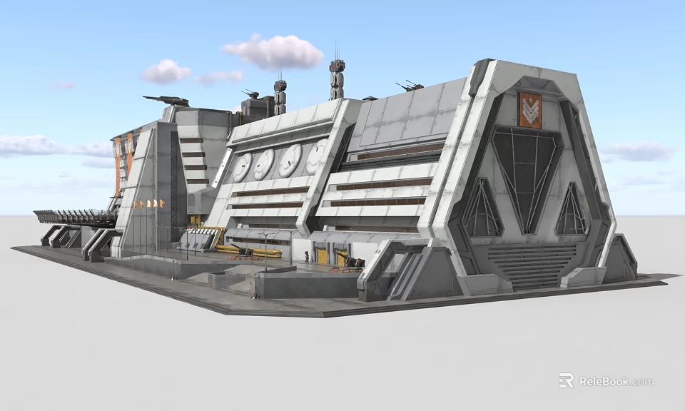 Futuristic Industrial Building With Metallic Structure Circular Windows Antennas Chimneys And Geometric Design 3d model 