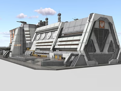 Futuristic Industrial Building With Metallic Structure Circular Windows Antennas Chimneys And Geometric Design 3d model