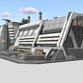 Futuristic Industrial Building With Metallic Structure Circular Windows Antennas Chimneys And Geometric Design