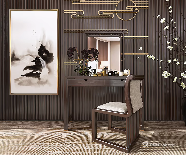 Oriental Modern Dressing Table Interior With Ink Painting Mirror Chair And Line Decor 3d model 