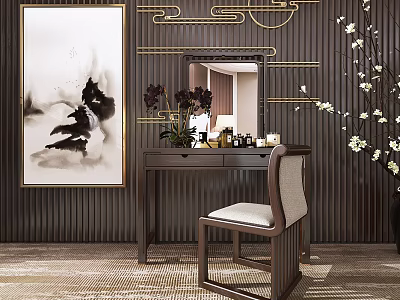 Oriental Modern Dressing Table Interior With Ink Painting Mirror Chair And Line Decor 3d model