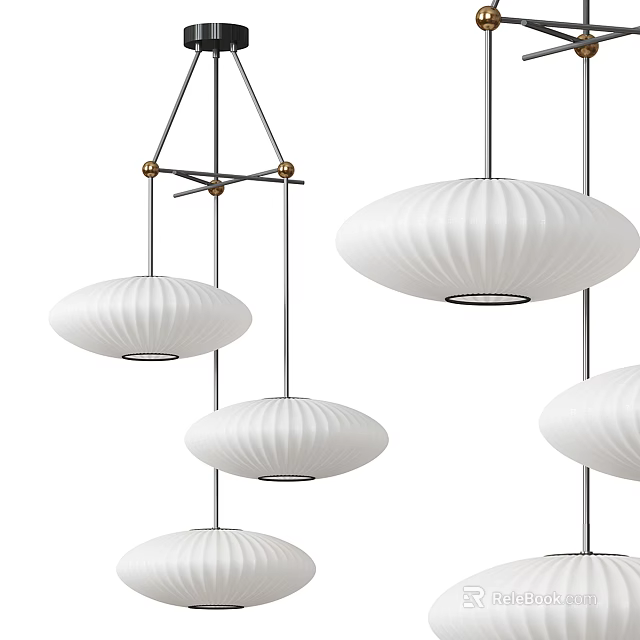 Modern White Pleated Multiple Pendant Lights Hanging With Metal Frame Design 3d model