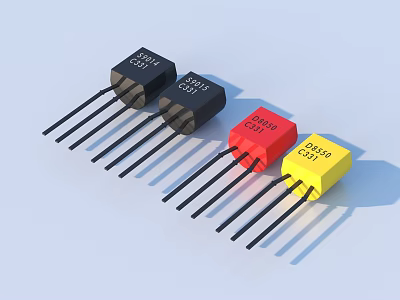 Colorful Household Electronic Components With Model Numbers And Metal Pins 3d model