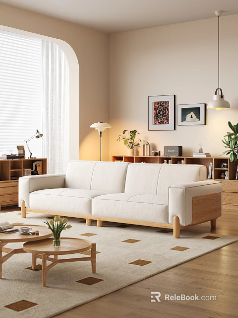 Nordic Style White Fabric Sofa And Wooden Coffee Table Set For Cozy Bright Living Room 3d model 
