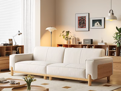 Nordic Style White Fabric Sofa And Wooden Coffee Table Set For Cozy Bright Living Room 3d model