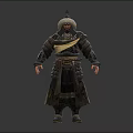 Ancient Warrior Character 3D Model With Traditional Armor Helmet And Robe Details Front Back View