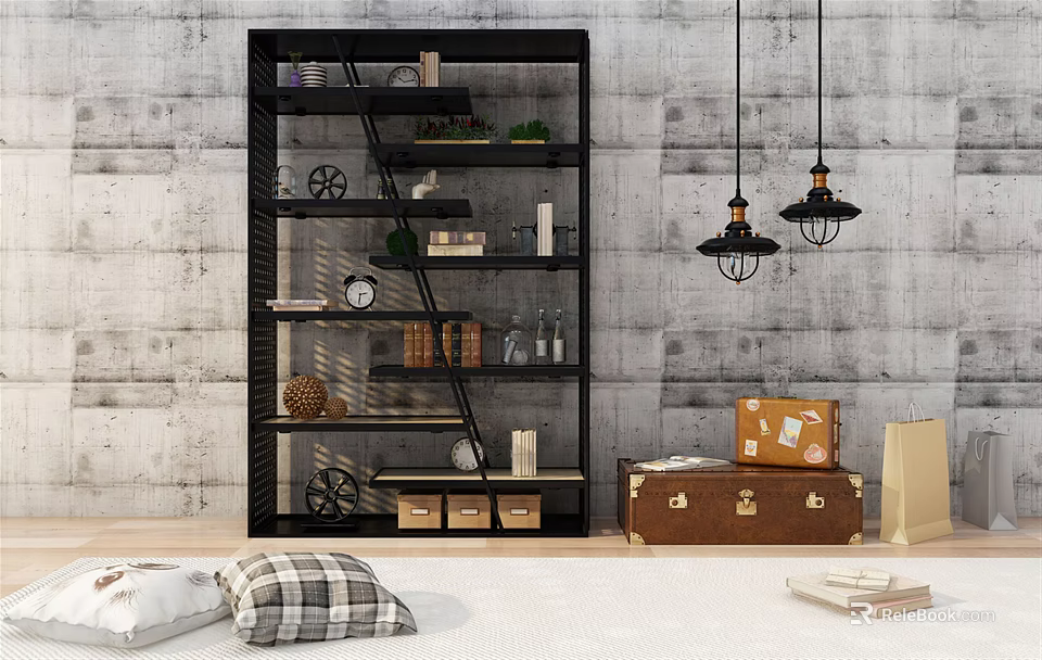 Black Multi Tiered Bookcase with Clock Books Plants against Gray Concrete Wall and Pendant Lights 3d model 