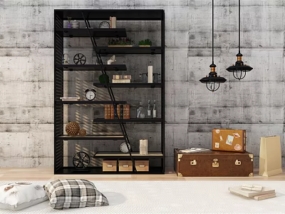 Black Multi Tiered Bookcase with Clock Books Plants against Gray Concrete Wall and Pendant Lights 3d model